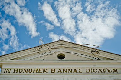 Low angle view of church against cloudy sky