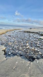 Surface level of beach against sky