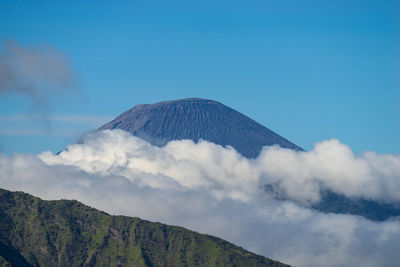Low angle view of volcanic mountain against sky