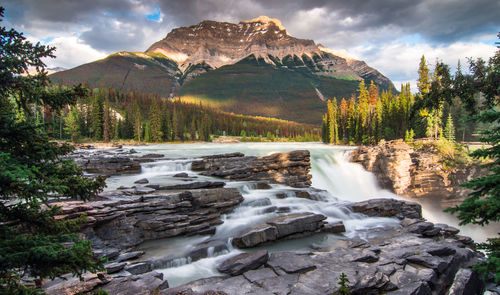 Scenic view of waterfall against sky