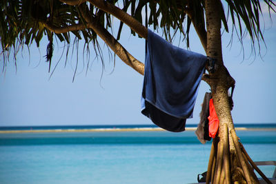 Low angle view of clothes hanging on beach against clear sky