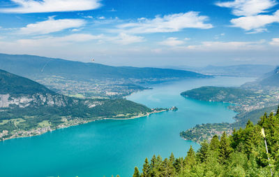 High angle view of bay against sky