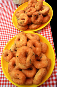 High angle view of bread in plate on table