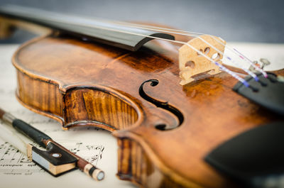 Close-up of violin on musical note