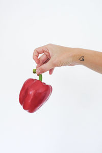 Close-up of hand holding apple against white background