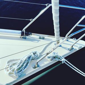 High angle view of sailboat moored in sea