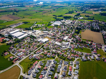 High angle view of trees and buildings in city