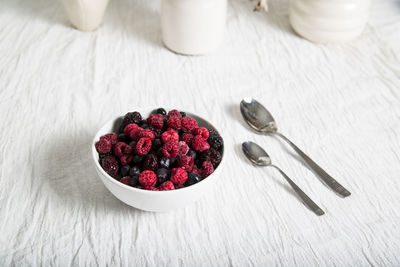 High angle view of food in bowl on table