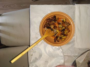 High angle view of food served on table
