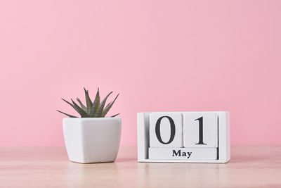 Wooden block calendar with date may 1 and succulent plant in pot on yellow background. labor day