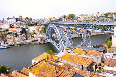 Bridge over river in city against sky