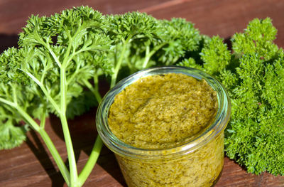 Close-up of vegetables in jar on table