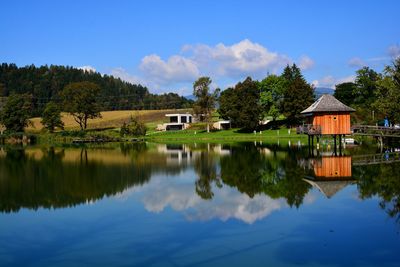 Scenic view of lake by building against blue sky