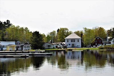 Houses by lake and buildings against sky