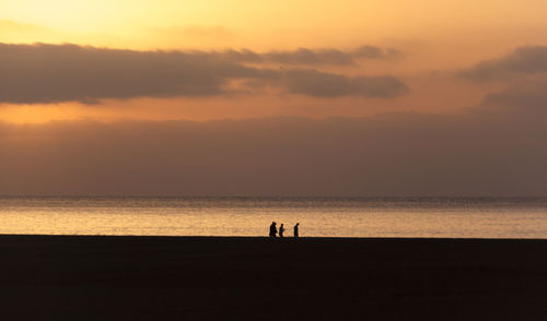 Silhouette people standing on beach against sky during sunset