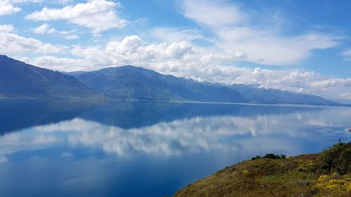 Scenic view of lake and mountains against sky