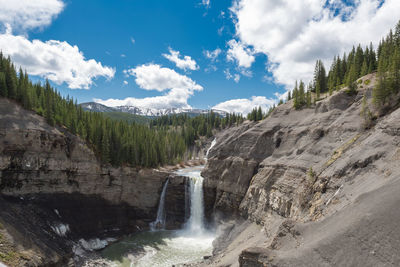 Scenic view of waterfall in forest against sky