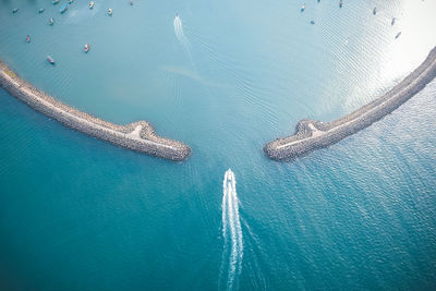 High angle view of sailboat in sea