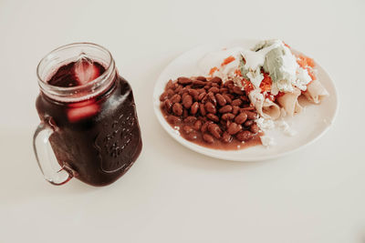 High angle view of breakfast on table