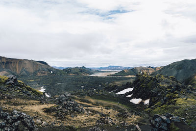 View of amazing landscape in iceland while trekking famous laugavegur trail