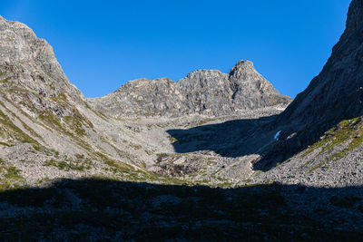 Scenic view of mountains against clear blue sky