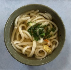 High angle view of soup in bowl on table