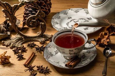 High angle view of tea cup on table