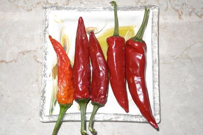 High angle view of red chili peppers