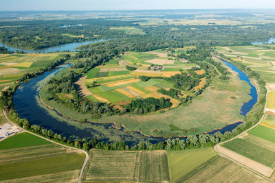 Aerial view of the oxbow lake of the drava river, croatia