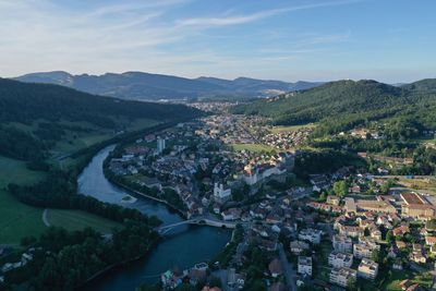 High angle view of townscape against sky