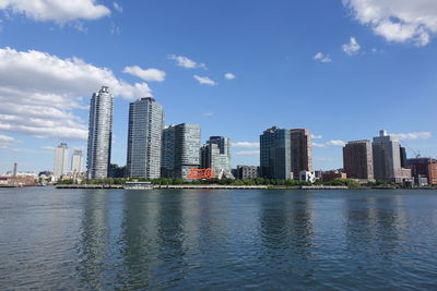 River by buildings against sky