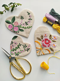 High angle view of heart shapes on white background