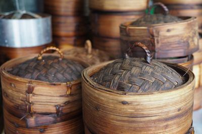 Close-up of stack of wicker basket