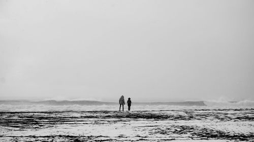 People on sea shore against clear sky