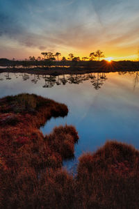 Scenic view of lake against sky during sunset