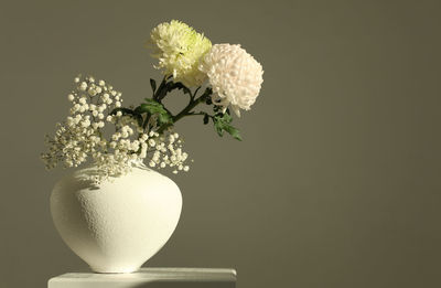 White chrysanthemums and gypsophila flower in white vase. still life. light and shadow background.