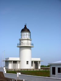 Lighthouse by building against clear blue sky