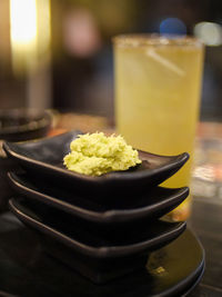 Close-up of food served on table