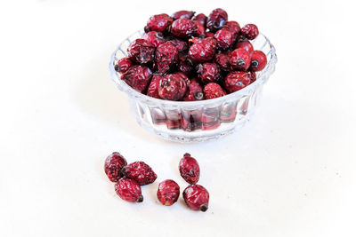 High angle view of strawberries on table against white background