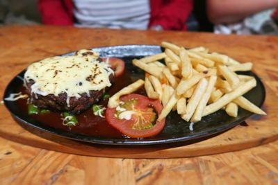 Close-up of food served on table