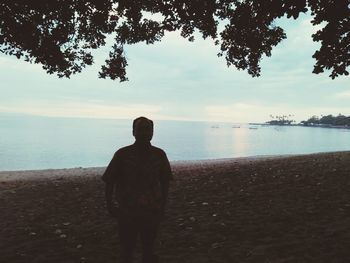 Rear view of man looking at sea against sky