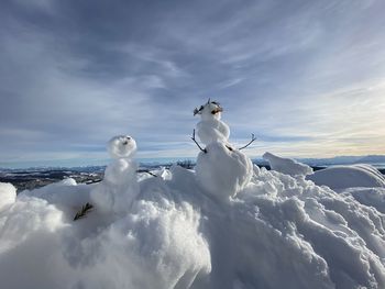 Snowman on snow covered landscape against sky