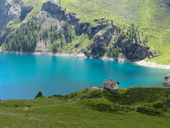 High angle view of a church on the lake 