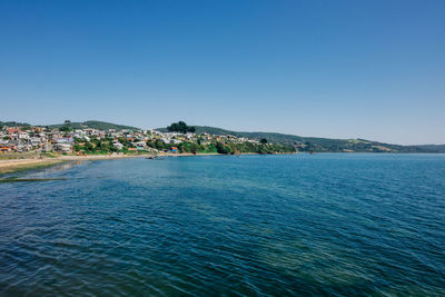 Scenic view of sea against clear blue sky