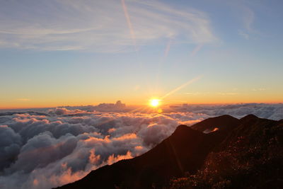 Scenic view of mountains against sky during sunset