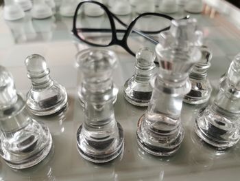 High angle view of glasses on table