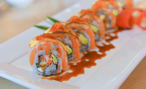 Close-up of sushi served in plate