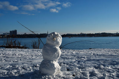 Snowman on snow covered landscape