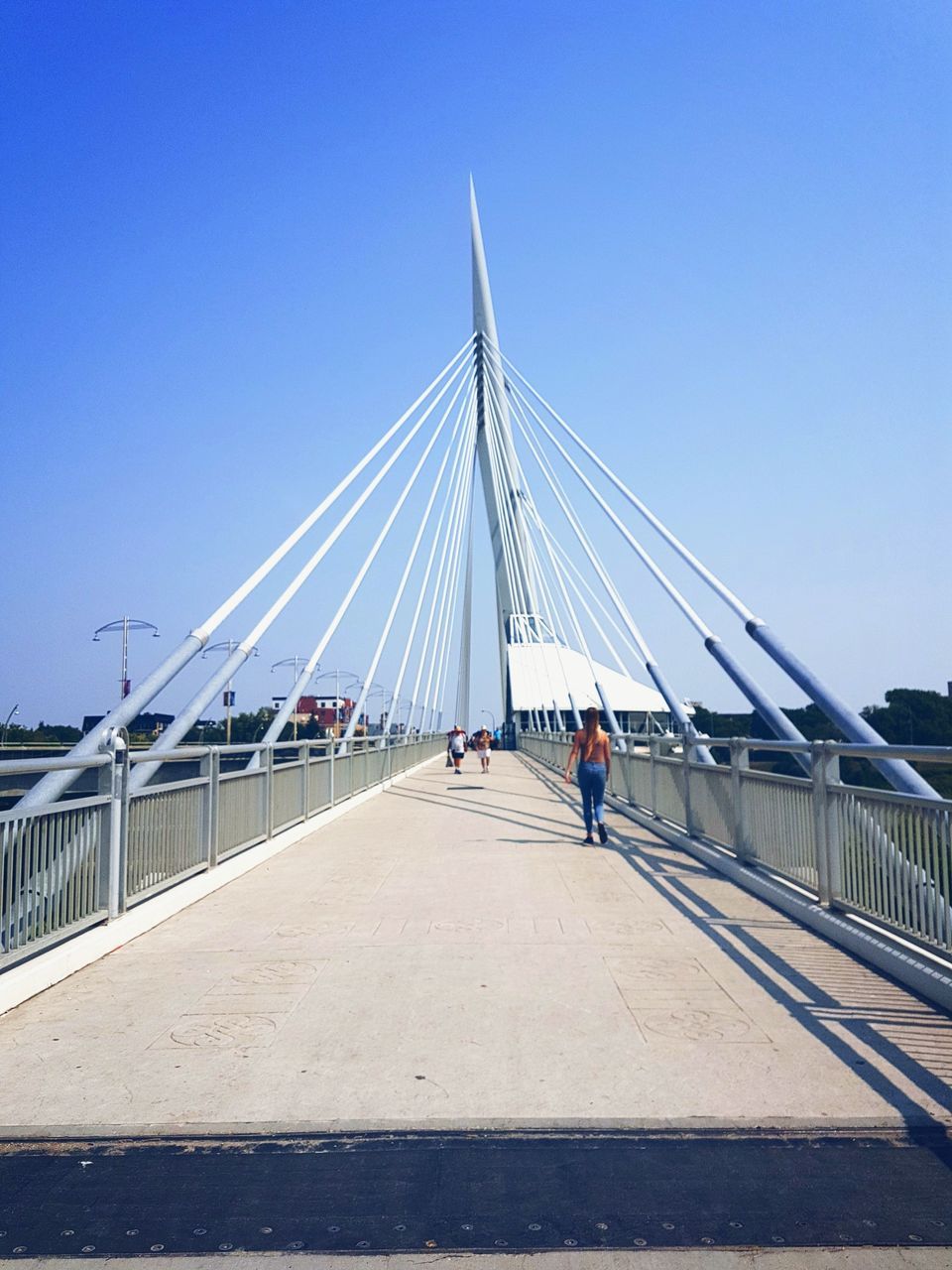 clear sky, connection, bridge - man made structure, architecture, built structure, bridge, real people, men, day, transportation, suspension bridge, blue, the way forward, outdoors, sky, footbridge, lifestyles, togetherness, full length, women, city, nature, people