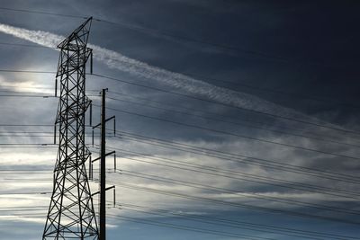 Low angle view of electricity pylon against sky